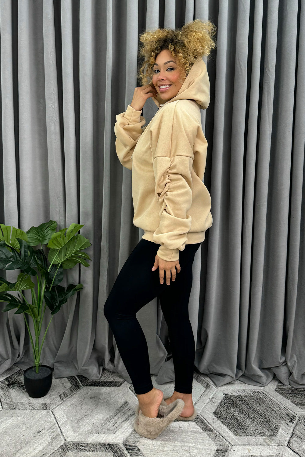 Beige ruched sleeve online hoodie